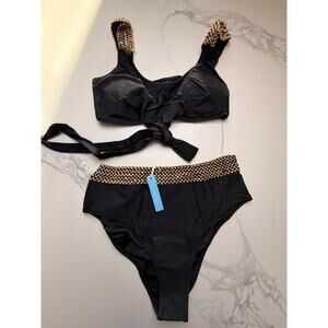 NWT Black Gold Trim High Waist Bikini Set XL